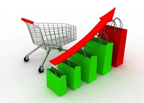 Πωλήσεις αυξάνονται γράφημα με καλάθι — Φωτογραφία Αρχείου