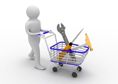 3d adamı sepeti araçları ile iterek
