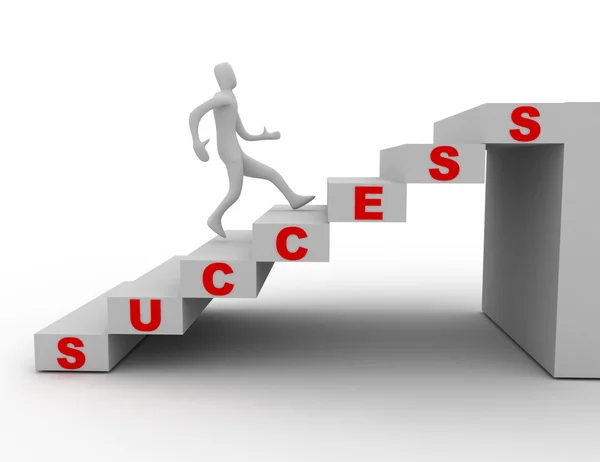 3D człowiek wspinaczka po schodach i słowo sukces — Zdjęcie stockowe