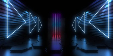Üç boyutlu soyut arkaplan ve neon ışıkları. Neon tüneli. Uzay inşaatı. 3d illüstrasyon