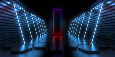 Üç boyutlu soyut arkaplan ve neon ışıkları. Neon tüneli. Uzay inşaatı. 3d illüstrasyon