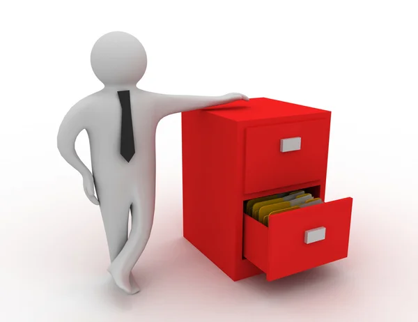 3d man and open drawer with folders — Stock Photo, Image