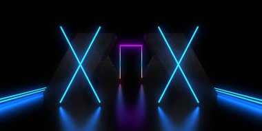 Üç boyutlu soyut arkaplan ve neon ışıkları. Neon tüneli. Uzay inşaatı. 3d illüstrasyon