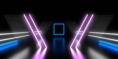 Üç boyutlu soyut arkaplan ve neon ışıkları. Neon tüneli. Uzay inşaatı. 3d illüstrasyon