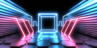 Üç boyutlu soyut arkaplan ve neon ışıkları. Neon tüneli. Uzay inşaatı. 3d illüstrasyon