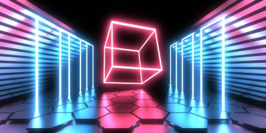 Üç boyutlu soyut arkaplan ve neon ışıkları. Neon tüneli. Uzay inşaatı. 3d illüstrasyon