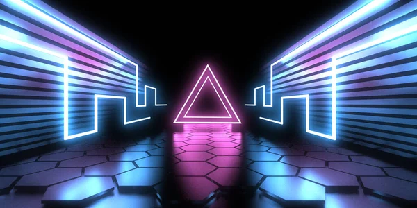 Abstract Background Neon Lights Neon Tunnel Space Construction Illustration — Stock Photo, Image