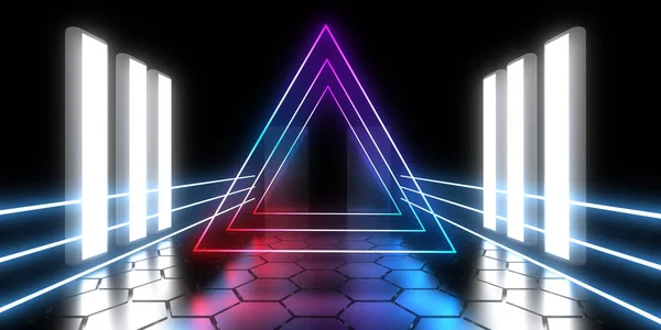 Fundo Abstrato Com Luzes Néon Neon Túnel Space Construção Ilustração — Fotografia de Stock