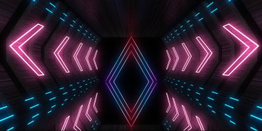 Üç boyutlu soyut arkaplan ve neon ışıkları. Neon tüneli. Uzay inşaatı. 3d illüstrasyon