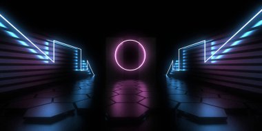 Üç boyutlu soyut arkaplan ve neon ışıkları. Neon tüneli. Uzay inşaatı. 3d illüstrasyon
