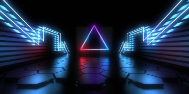 Üç boyutlu soyut arkaplan ve neon ışıkları. Neon tüneli. Uzay inşaatı. 3d illüstrasyon