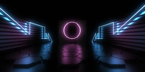 Abstract Background Neon Lights Neon Tunnel Space Construction Illustration — Stock Photo, Image