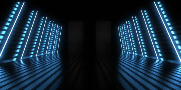 带有霓虹灯的3D抽象背景 霓虹灯隧道 空间建设 3D说明 — 图库照片