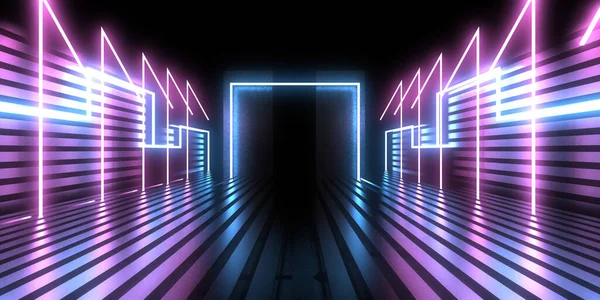 Latar Belakang Abstrak Dengan Lampu Neon Neon Terowongan Space Konstruksi — Stok Foto