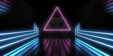 Üç boyutlu soyut arkaplan ve neon ışıkları. Neon tüneli. Uzay inşaatı. 3d illüstrasyon
