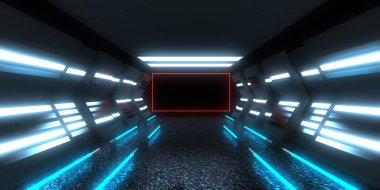 Üç boyutlu soyut arkaplan ve neon ışıkları. Neon tüneli. Uzay inşaatı. 3d illüstrasyon