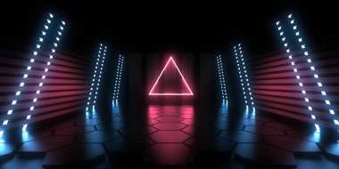 Üç boyutlu soyut arkaplan ve neon ışıkları. Neon tüneli. Uzay inşaatı. 3d illüstrasyon