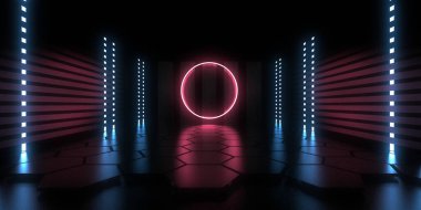Üç boyutlu soyut arkaplan ve neon ışıkları. Neon tüneli. Uzay inşaatı. 3d illüstrasyon