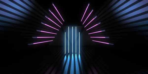 Abstrakt Bakgrund Med Neonljus Neontunnel Rymdbyggnad Illustration — Stockfoto