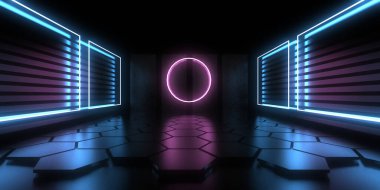 Üç boyutlu soyut arkaplan ve neon ışıkları. Neon tüneli. Uzay inşaatı. 3d illüstrasyon