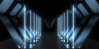 Üç boyutlu soyut arkaplan ve neon ışıkları. Neon tüneli. Uzay inşaatı. 3d illüstrasyon