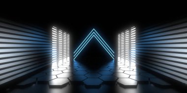 Üç boyutlu soyut arkaplan ve neon ışıkları. Neon tüneli. Uzay inşaatı. 3d illüstrasyon