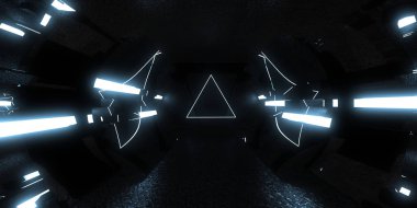 Üç boyutlu soyut arkaplan ve neon ışıkları. Neon tüneli. Uzay inşaatı. 3d illüstrasyon