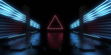 Üç boyutlu soyut arkaplan ve neon ışıkları. Neon tüneli. Uzay inşaatı. 3d illüstrasyon