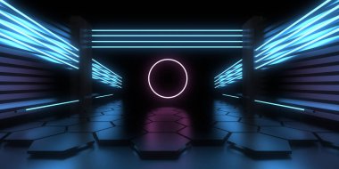 Üç boyutlu soyut arkaplan ve neon ışıkları. Neon tüneli. Uzay inşaatı. 3d illüstrasyon