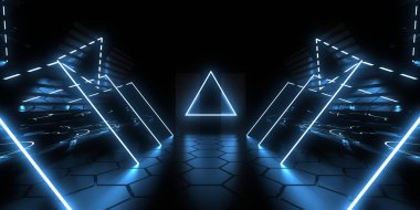 Üç boyutlu soyut arkaplan ve neon ışıkları. Neon tüneli. Uzay inşaatı. 3d illüstrasyon