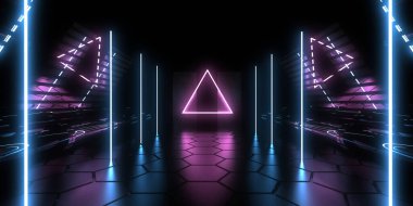 Üç boyutlu soyut arkaplan ve neon ışıkları. Neon tüneli. Uzay inşaatı. 3d illüstrasyon