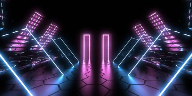 Üç boyutlu soyut arkaplan ve neon ışıkları. Neon tüneli. Uzay inşaatı. 3d illüstrasyon