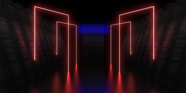 Üç boyutlu soyut arkaplan ve neon ışıkları. Neon tüneli. Uzay inşaatı. 3d illüstrasyon