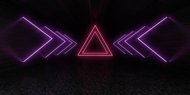 Üç boyutlu soyut arkaplan ve neon ışıkları. Neon tüneli. Uzay inşaatı. 3d illüstrasyon