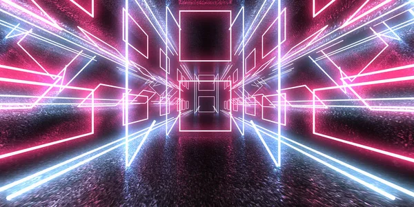 Üç boyutlu soyut arkaplan ve neon ışıkları. Neon tüneli. Uzay inşaatı. 3d illüstrasyon
