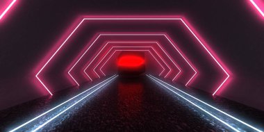Üç boyutlu soyut arkaplan ve neon ışıkları. Neon tüneli. Uzay inşaatı. 3d illüstrasyon