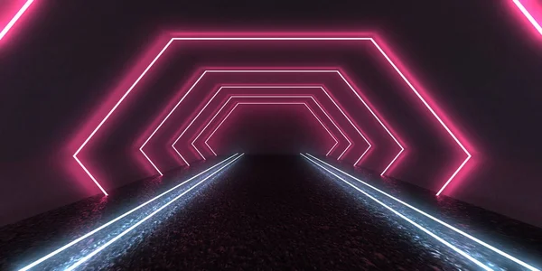 Fondo Abstracto Con Luces Neón Construcción Túnel Neón Space Ilustración — Foto de Stock