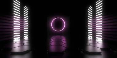 Üç boyutlu soyut arkaplan ve neon ışıkları. Neon tüneli. Uzay inşaatı. 3d illüstrasyon