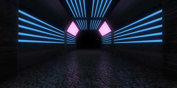 Fundo Abstrato Com Luzes Néon Neon Túnel Space Construção Ilustração — Fotografia de Stock