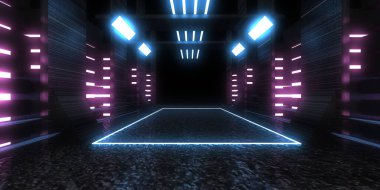 Üç boyutlu soyut arkaplan ve neon ışıkları. Neon tüneli. Uzay inşaatı. 3d illüstrasyon