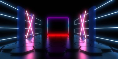 Üç boyutlu soyut arkaplan ve neon ışıkları. Neon tüneli. Uzay inşaatı. 3d illüstrasyon