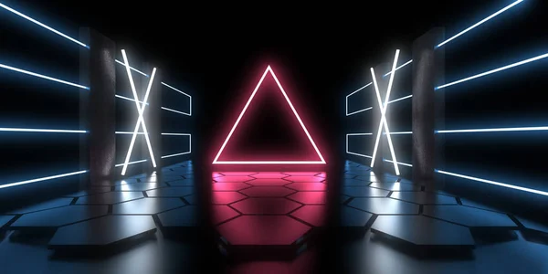 Sfondo Astratto Con Luci Neon Costruzione Tunnel Neon Space Illustrazione — Foto Stock