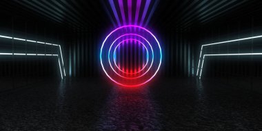 Üç boyutlu soyut arkaplan ve neon ışıkları. Neon tüneli. Uzay inşaatı. 3d illüstrasyon