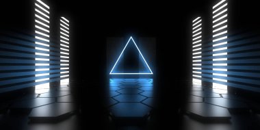 Üç boyutlu soyut arkaplan ve neon ışıkları. Neon tüneli. Uzay inşaatı. 3d illüstrasyon