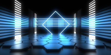 Üç boyutlu soyut arkaplan ve neon ışıkları. Neon tüneli. Uzay inşaatı. 3d illüstrasyon