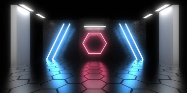 Üç boyutlu soyut arkaplan ve neon ışıkları. Neon tüneli. Uzay inşaatı. 3d illüstrasyon