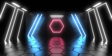 Üç boyutlu soyut arkaplan ve neon ışıkları. Neon tüneli. Uzay inşaatı. 3d illüstrasyon