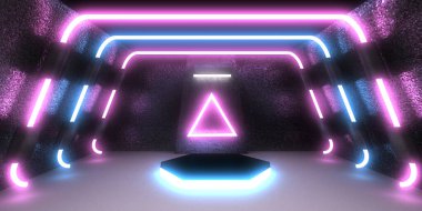 Üç boyutlu soyut arkaplan ve neon ışıkları. Neon tüneli. Uzay inşaatı. 3d illüstrasyon