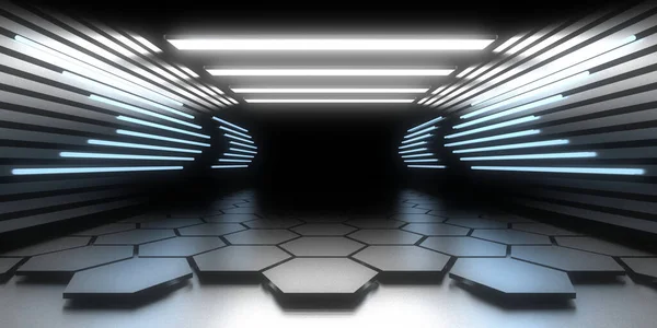 Sfondo Astratto Con Luci Neon Costruzione Tunnel Neon Space Illustrazione — Foto Stock