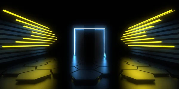 Sfondo Astratto Con Luci Neon Costruzione Tunnel Neon Space Illustrazione — Foto Stock